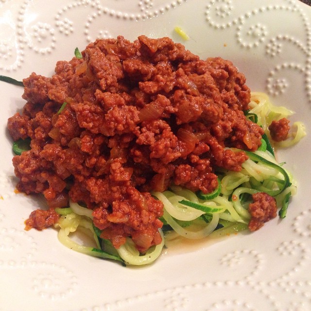 Sloppy joes over “zoodles” (zucchini noodles). get in my belly #paleo #zoodles #jeffelina