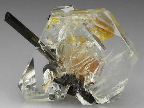 mineralists:Beryl var. Goshenite with Tourmaline. From Resplendor, Minas, Gerais, Brazil.