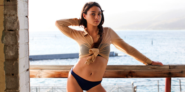 americanapparel:  Tiana in Hawaii, wearing the Micro-Mesh Long Sleeve Button-Up and