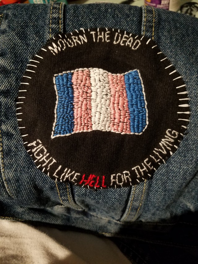 trans-xenomorph:It’s Trans Day of Remembrance today, here’s a patch I made for my vest a few months back. Mourn the dead, fight like hell for the living