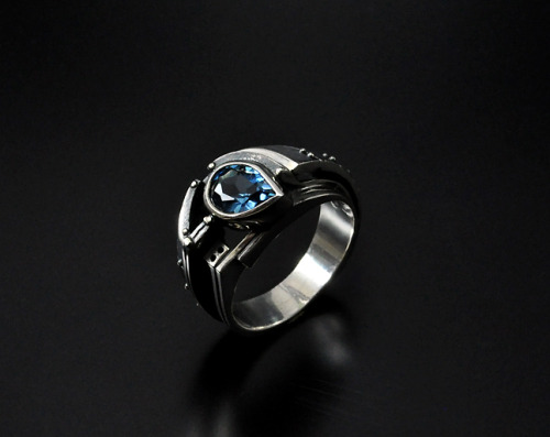 gatojewelry: Industrial ring “Probatundum”sterling silver, natural topaz London Blue