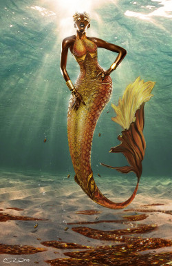 fyblackwomenart:  Treasure Mermaid by Evan Woolery Had an idea for an enchanted mermaid made out of treasure ever since the Pirates of the Caribbean movies came out. What if a mermaid was made out of treasure and whenever someone might see her she turns