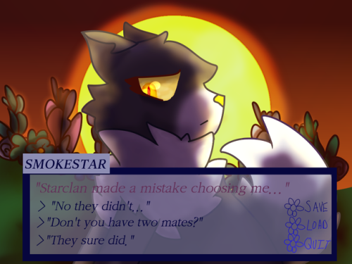 plutosongs:Smokestar dating sim screen for @northernlightsclans!! Scene without text under the cut! 