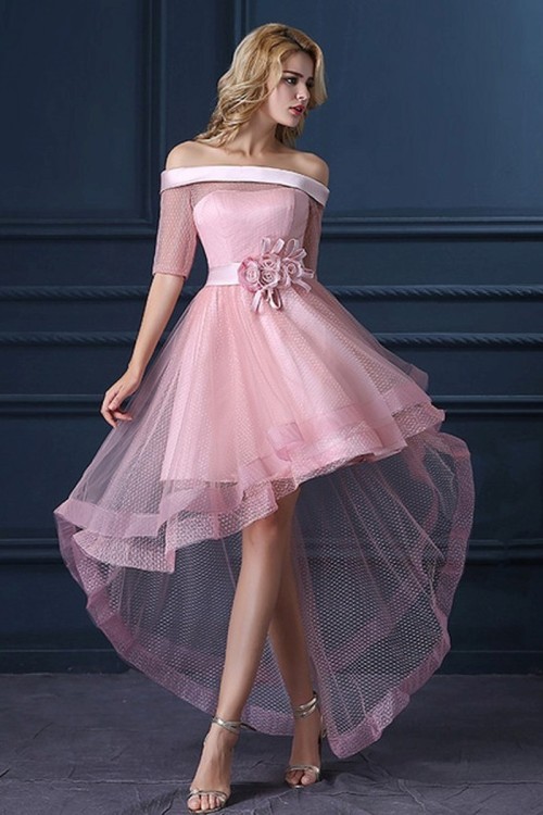 kirstysgirlyworld: Off The Shoulder Asymmetrical Length Cocktail Dress in Pink