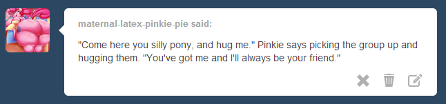 timberthewoodpony:  o hay pinkie come on in this hug is open. and thanks every pony.