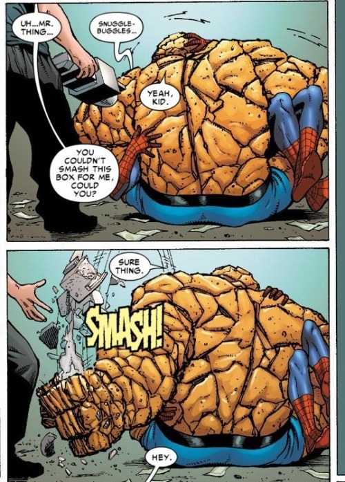 comics-r-4-gurlz:   Avenging Spider-Man Annual #1   Spiderman and the Thing fucking made out in Avenging Spider-Man Annual #1 this shit is gold. Thank you Rob Williams Why the fuck doesn’t anyone ever talk about this shit? 