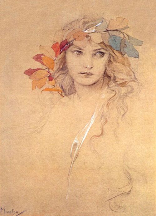 smokethereisfire: Girl’s Head with Laurel Twig / Alphonse Mucha