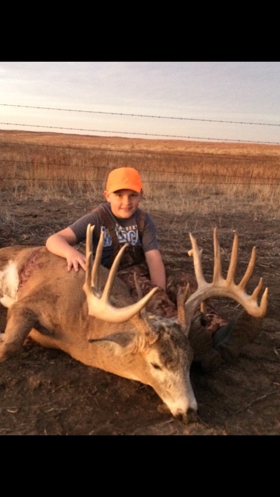 My 11 year old Cayden Harris while hunting w his dad in Kansas on Wed December 4th 2019 shot and killed this trophy world class once in a lifetime buck at 300 yards YEAH!!