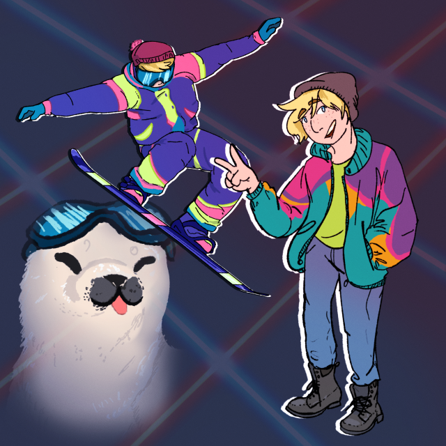 fan art of jake coolice from the adventure zone amnesty. its in the style of a retro portrait with a red and blue lazer background. it shows two drawings of jake as a human. one shows him snowboarding, the other has him making a peace sign. overlayed in the background is an image of him as a seal wearing skiing goggles.