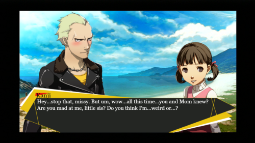 lframe-of-mindl:  AU where everything is the same except Kanji has feelings for Narukami, and he is siblings with Nanako. While spending with him, Nanako decides to ask him a question…(Sorry you guys I just REALLY love the concept of Nanako being Kanji’s