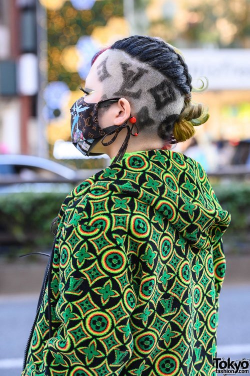 19-year-old Japanese student Mako on the street in Harajuku wearing a full Louis Vuitton style with 