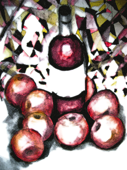 Still-life with bottle of red vine and red apples. Year of 2014 Натюрморт с бутылкой красного вина и