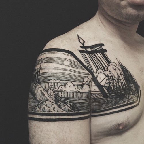 thisgreatblueworld:  jedavu:  Stunning Diptych Tattoos Form Landscapes Across the Backs of LegsTattoo artist Houston Patton crafts intricate landscape scenes that span the back of his client’s legs. Working under the name Thieves of Tower, he collaborates