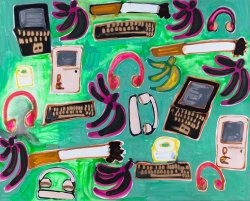 tailofwood:  Katherine Bernhardt’s ‘Jungle Junk (Laptops, Apple Computers, Headphones, Telephones, Cigarettes, Toilet Paper, Plantains, and Bananas)’, 2015, acrylic and spray paint on canvas, 96 x 120 in 