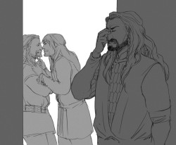 kaciart:  secretinternetbox answered: Erm. Fili (or Kili) trying to flirt with the other while not realizing that someone (perhaps Thorin) has spotted their shenanigans? 