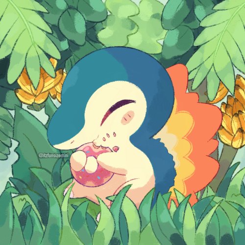 CommissionCyndaquil enjoying eating a donut on an island 