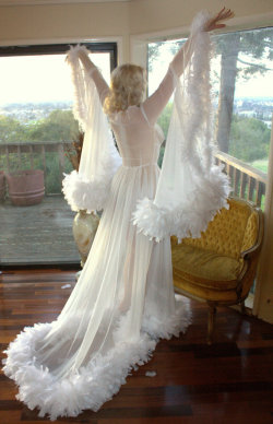 marydee35:  I love this vintage style,  Sheer Silk Chiffon Gown With Maribou Ostrich Feathers.   