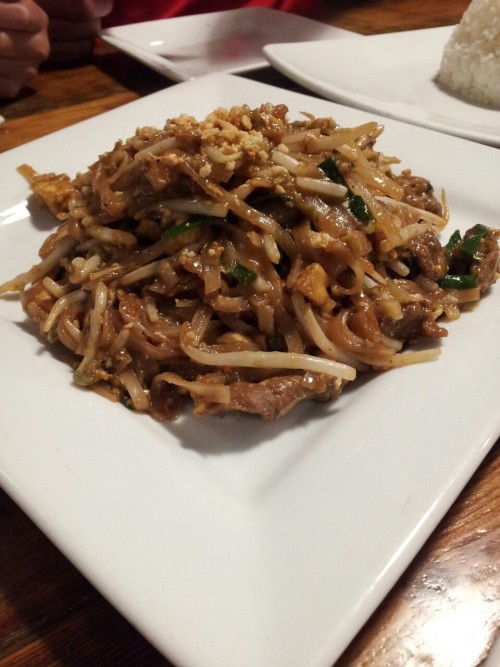 Thai green curry fried rice, garlic chicken, red curry, and pad thai