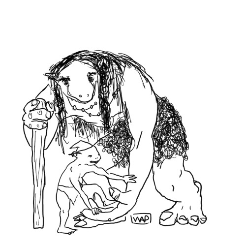 GOBLIN WEEK 2017 DAY FOURIn a rare scene, a (relatively) young troll cares for a lost goblin.