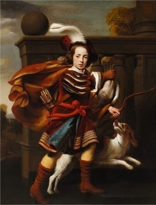 Portrait of a Young Boy as a Hunter with His King Charles Spaniel, Cornelis Bisschop, 1660