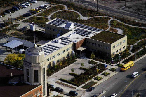 Chicago Center for Green Technology
(Sacramento Stone Co.)
445 N. Sacramento Blvd.
2002, Farr Assocs.
A small abandoned factory on a former brownfields site was transformed into a showcase for energy efficiency. Photovoltaic panels are on the roof...