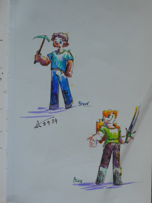 A traditional drawing of steve and alex from minecraft. They are coloured with markers.
Steve is holding a diamond pickaxe and alex is holding an enchanted iron sword.