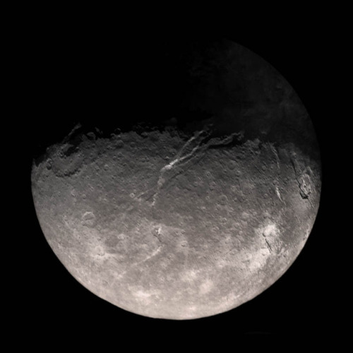 Best color view of Titania, with processed night side to reveal features illuminated by reflected li