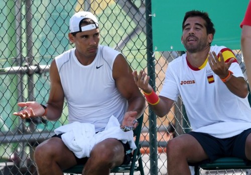 loveequalsnothing: Rafa Nadal and Marc Lopez practice ahead of the Olympic Games 2016.