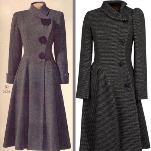 Left: 1950s coat advertisement. Right: modern Vivienne Westwood coat.