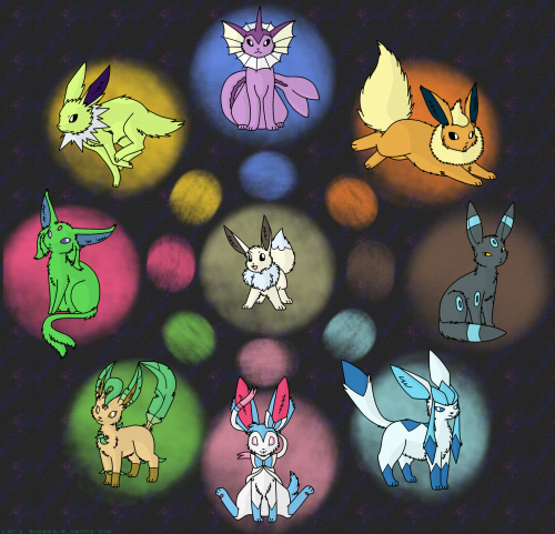 molly2173:  Phew! This has been sitting around my computer half completed for a while now, really glad I finished it! It’s been a long time since I did a big group picture of the Eeveelutions. And I’m really happy with the results c: There are a few