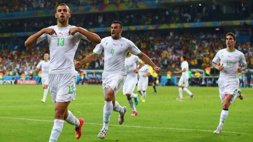 arab-gulf:  Fantastic Team- Algeria. Hero of Africa & Arabs. we hope they can reach to final.  Islam Slimani of Algeria celebrates scoring his team’s first goal during the 2014 FIFA World Cup Brazil Group H match between Algeria and Russia at Arena