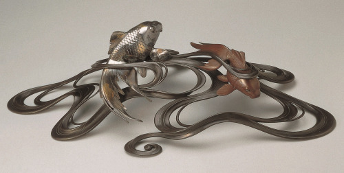 japaneseaesthetics:  Ornament of Fish in Waves (Okimono).  Japan, circa 1900.  Bronze, silver, gilt,