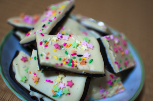 Made some chocolate bark for a friend’s birthday.  "Cake batter" white chocolate wit