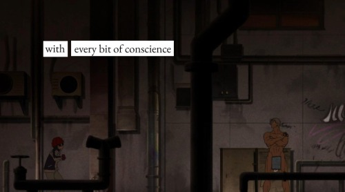 "with every bit of conscience": The girl and man stand apart in an industrial setting.