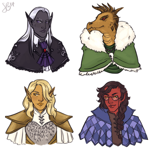 D&amp;D characters from the campaign @elfprince and I have been playing :’) Clockwise from top left: