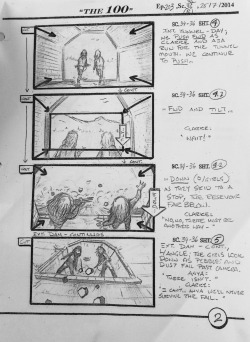 aaronginsburg:  The 100 - Season 2 - Behind-The-ScenesIn an effort to make this hiatus not feel SO long, I’m digging through my old files for fun Season 2 BTS material I can share.Found this one – a storyboard for the “Clarke &amp; Anya Escape