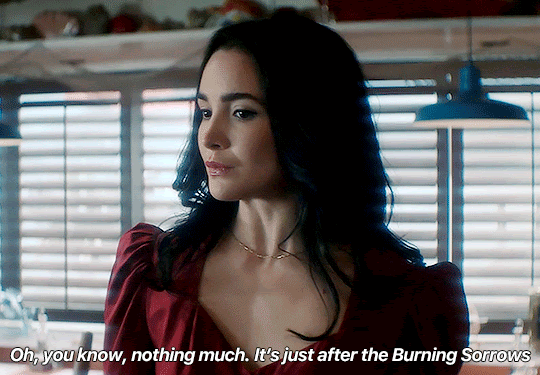 GIF FROM EPISODE 3X09 OF NANCY DREW. CLOSE-UP OF BESS STANDING IN THE CLAW. SHE SAYS "OH, YOU KNOW, NOTHING MUCH. IT'S JUST AFTER THE BURNING SORROWS"