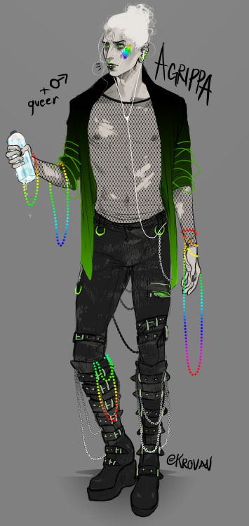   #Pride Outfit I bc I never get an excuse to show off my OC’s modern-verse fashion senses. Agrippa would be really into the goth/punk scene and would probably hate the scrubs he would have to wear for his job. It’s a good thing healers in his time