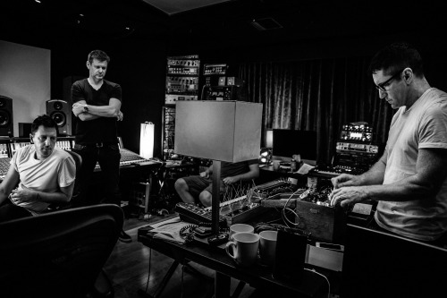 Trent Reznor and Atticus Ross recording and mixing the Gone Girl film score, Los Angeles, 2014. Phot