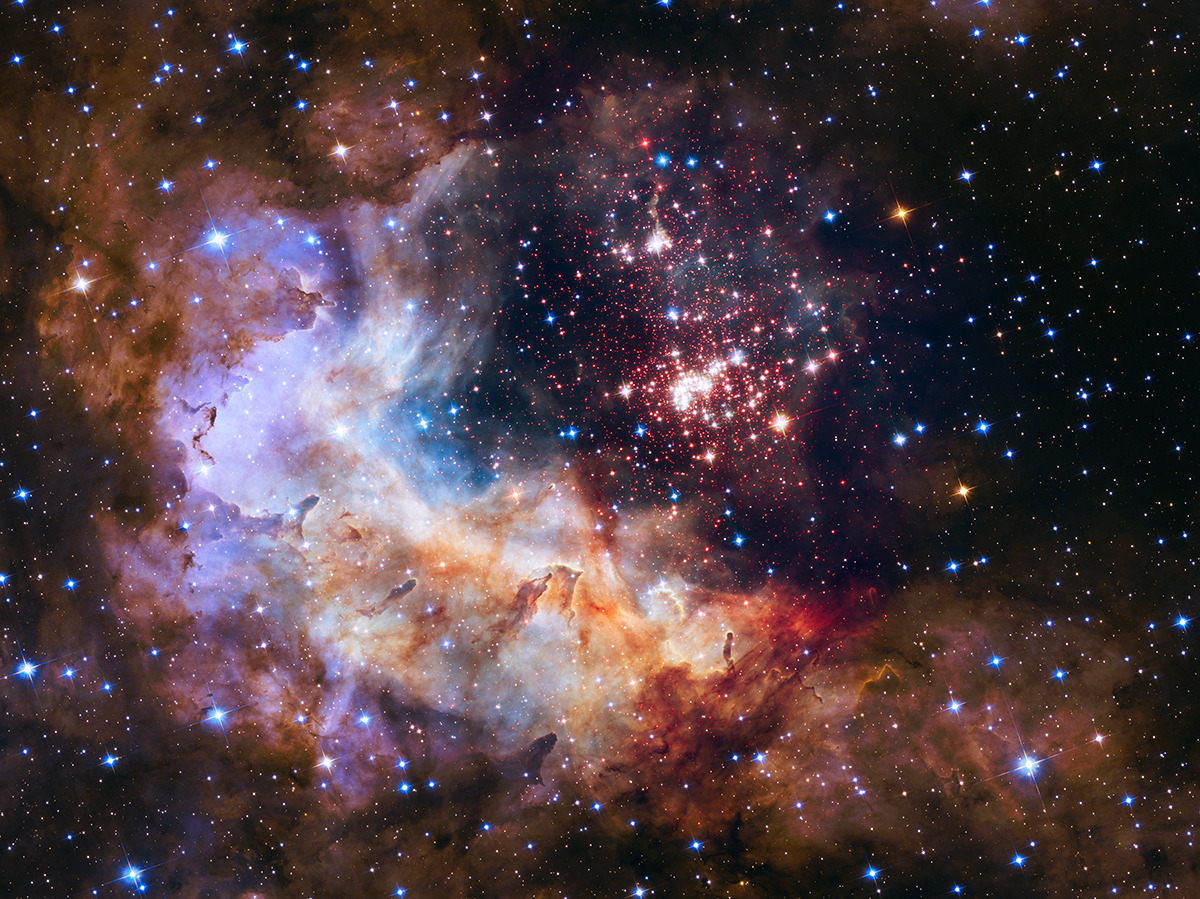 Celestial Fireworks - Official Hubble 25th Anniversary Image (2015).
Credit: NASA, ESA, The Hubble Heritage Team (STScI/AURA), A Nota, The Westerlund 2 Science Team