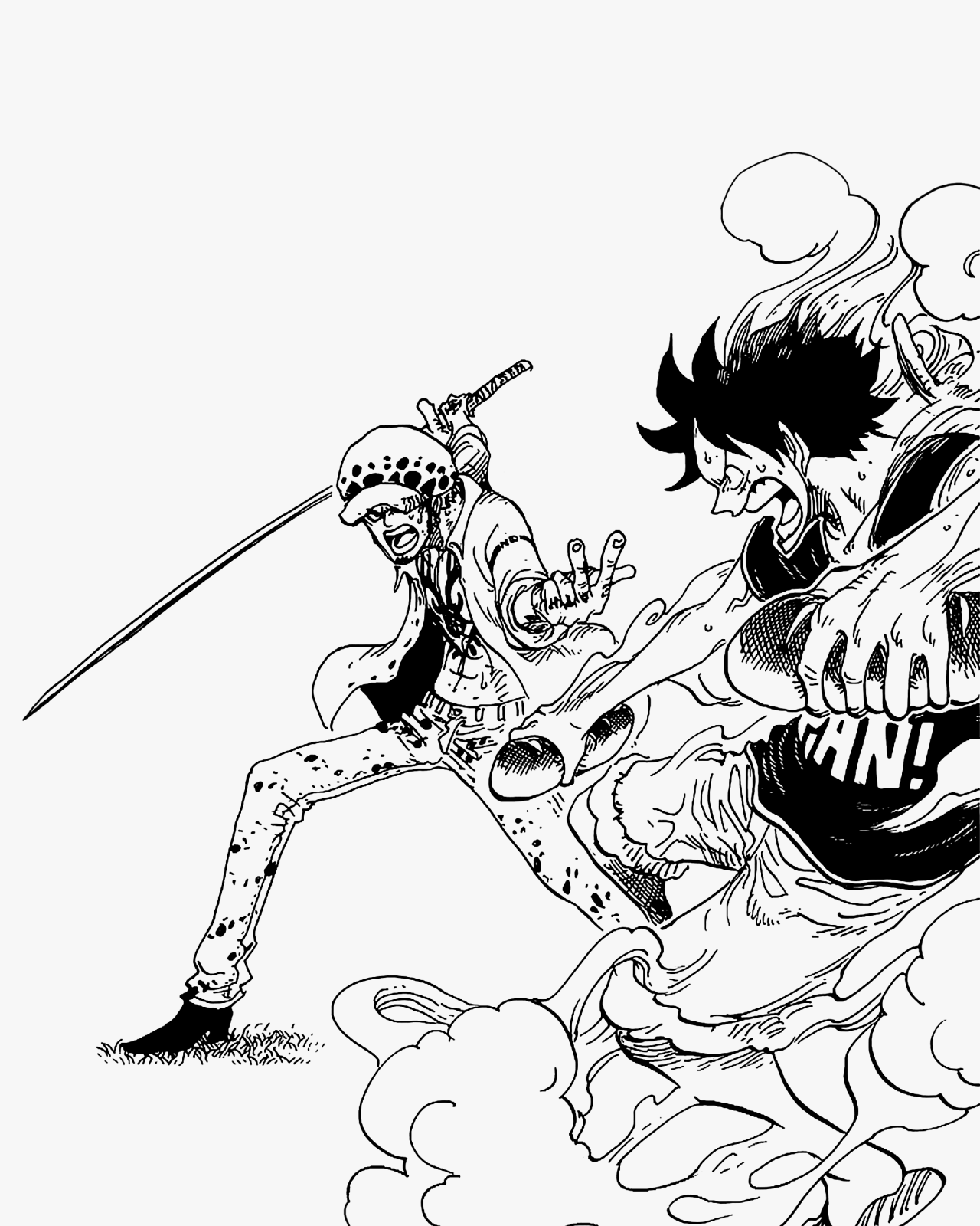 Law trying to force Luffy and a monkey to eat his bread for him.