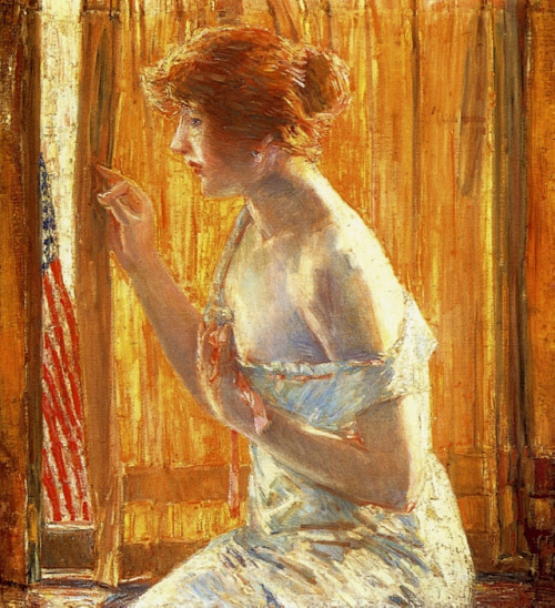 childe-hassam:The Flag Outside Her Window, April (aka Boys Marching By), 1918, Childe Hassam