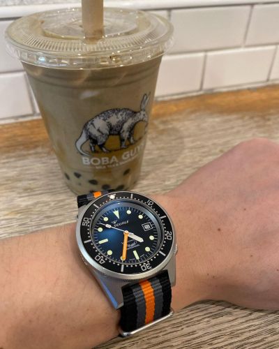 Instagram Repost
wristcandywatchclub  Who else needs a double shot of caffeine on Mondays?•Strap: Black Grey Orange Stripe Nylon [ #squalewatch #monsoonalgear #divewatch #watch #toolwatch ]