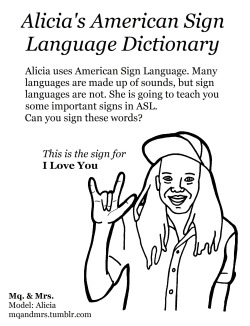 fuckyeahlgbt:  mqandmrs:  Alicia’s American Sign Language Dictionary.  Alicia is showing you four important signs in ASL:  ”I Love You,” “Queer,” “Bisexual,” and “Transgender.”  When you’re talking about someone’s identity, make