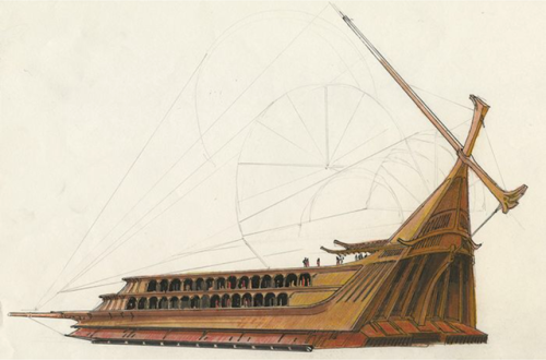 Ralph McQuarrie’s designs for Jabba’s sail barge.I remember the scene well: Return of th