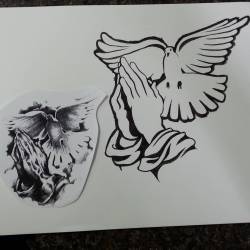 Praying hands with dove flash work in progress.