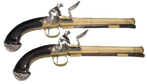Silver mounted pair of brass barreled flintlock pistols crafted by William Brander of London, circa 