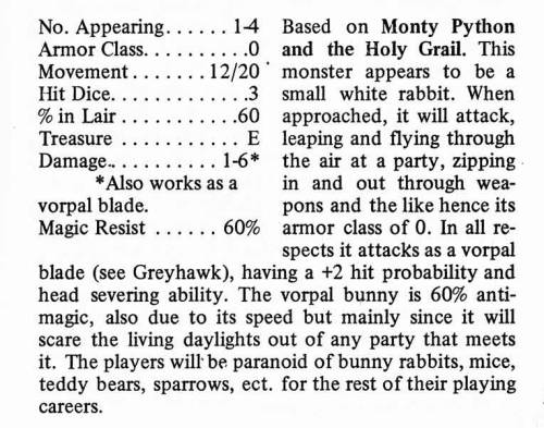 oldschoolfrp:  Vorpal Bunnies for OD&D by Jennell Jaquays, from the Dungeoneer Compendium, Judges Guild, 1979. 