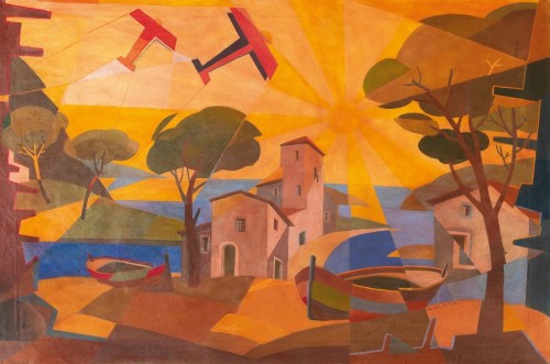 Giulio D'Anna (1908-1978) — Futurist Landscape and Caproni Planes [oil on canvas, ca. 1927]