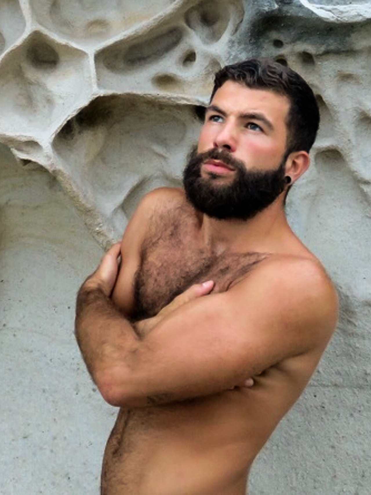 Hairy chest, legs,Beard and Mustache.